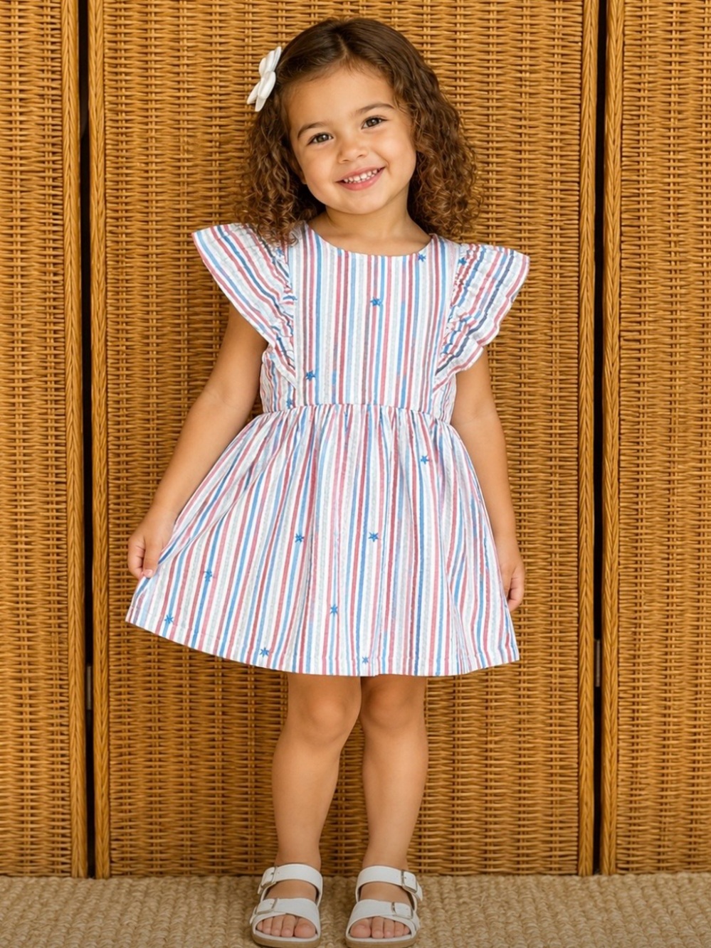 Cat & Jack Red, White & Blue Striped Dress with Ruffle Sleeves